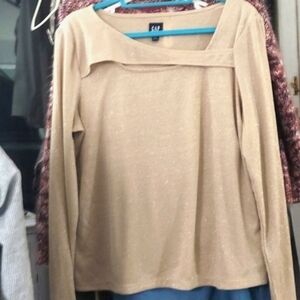 Gap Soft ribbed knit Long sleeve Glitter Gold Scoopneck cutout shirt Sz XL